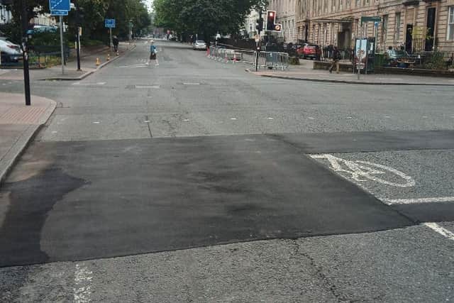 Patching of a junction on Fitzroy Place, west of Charing Cross in Glasgow, for the UCI Cycling World Championships obscured part of an advanced stop line designed to increase cyclists' safety. (Photo by Alastair Daltn/The Scotsman)