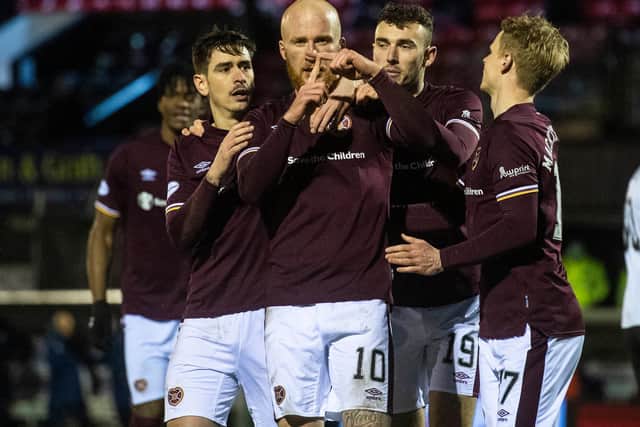 Liam Boyce celebrates after opening the scoring for Hearts at Ayr.