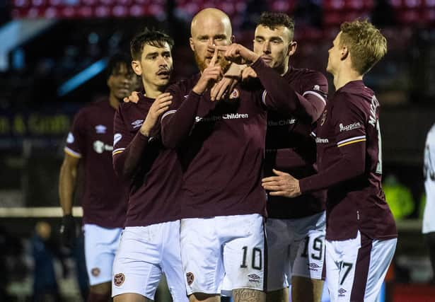 Liam Boyce celebrates after opening the scoring for Hearts at Ayr.