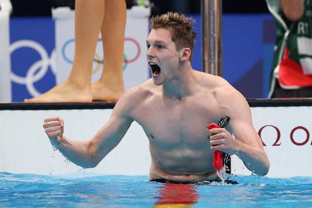 A golden moment for Duncan Scott as Britain win the 4 x 200m freestyle relay final in Tokyo. Picture: Al Bello/Getty Images