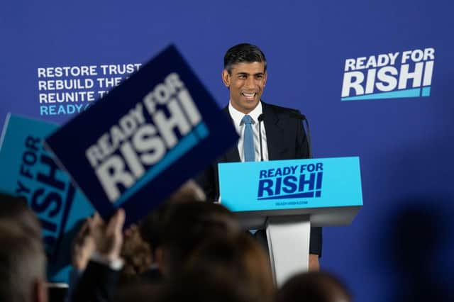 LONDON, ENGLAND - JULY 12: Rishi Sunak makes a speech to launch his bid to be leader of the Conservative Party on July 12, 2022 in London, England. The former Chancellor was the second high-profile minister to resign from Boris Johnson's cabinet last week setting in motion the events that saw Johnson step down as Conservative Party Leader.  (Photo by Carl Court/Getty Images)