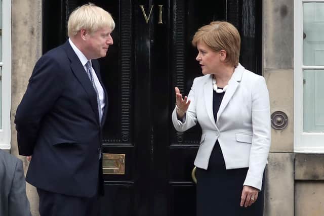 Nicola Sturgeon, pictured here in 2019 outside Bute House, left the four nations briefing with Prime Minister Boris Johnson to attend the daily coronavirus briefing.