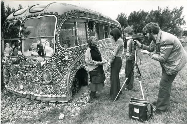 Flora Johnston is filmed at her shell bus by the Cinema Sgìre crew. The footage is one of around 100 clips shot throughout the islands in the late 1970s and early 1980s which will now be digitised. Highlights of the footage will be screened at the Hebrides International Film Festival this week. PIC: Courtesy of West Highland Free Press.