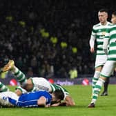 Kilmarnock feel they should have been given a penalty for this incident involving Giorgos Giakoumakis and Joe Wright against Celtic.