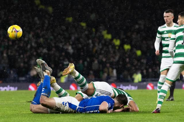 Kilmarnock feel they should have been given a penalty for this incident involving Giorgos Giakoumakis and Joe Wright against Celtic.