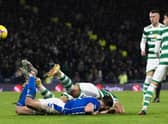 Kilmarnock feel they should have been given a penalty for this incident involving Giorgos Giakoumakis and Joe Wright against Celtic.