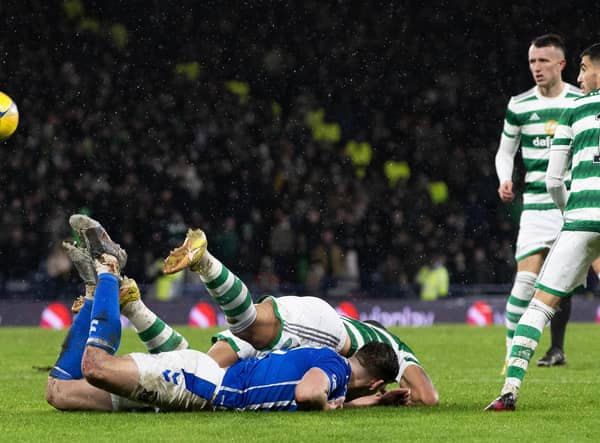 Kilmarnock feel they should have been given a penalty for this incident involving Giorgos Giakoumakis and Joe Wright against Celtic.