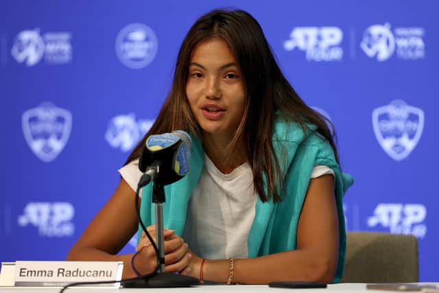 Emma Raducanu of Great Britain fields questions from the media during the Western & Southern Open at Lindner Family Tennis Center on August 14, 2022 in Mason, Ohio.