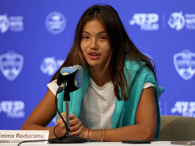 Emma Raducanu of Great Britain fields questions from the media during the Western & Southern Open at Lindner Family Tennis Center on August 14, 2022 in Mason, Ohio.