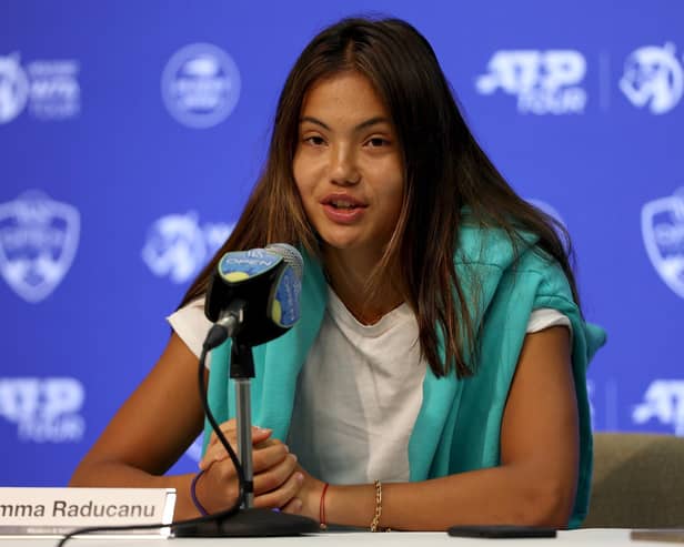 Emma Raducanu of Great Britain fields questions from the media during the Western & Southern Open at Lindner Family Tennis Center on August 14, 2022 in Mason, Ohio.