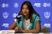 Emma Raducanu of Great Britain fields questions from the media during the Western & Southern Open at Lindner Family Tennis Center on August 14, 2022 in Mason, Ohio.