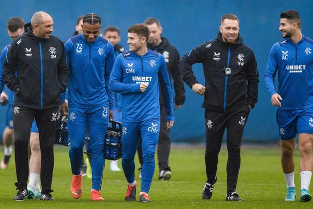 Rangers coaches Damien Matthew (left) and Harry Watling with Zak Lovelace, Charlie McCann and Antonio Colak at a training session , with Michael Beale identifying the important roles they play at half-time of games. (Photo by Craig Williamson / SNS Group)