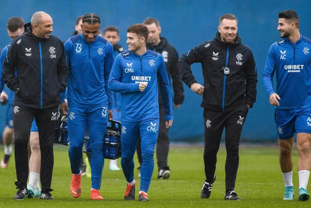 Rangers coaches Damien Matthew (left) and Harry Watling with Zak Lovelace, Charlie McCann and Antonio Colak at a training session , with Michael Beale identifying the important roles they play at half-time of games.  (Photo by Craig Williamson / SNS Group)