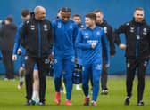 Rangers coaches Damien Matthew (left) and Harry Watling with Zak Lovelace, Charlie McCann and Antonio Colak at a training session , with Michael Beale identifying the important roles they play at half-time of games.  (Photo by Craig Williamson / SNS Group)