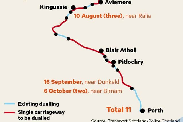 The red sections of the map show the scale of the dual carriageway work still to be completed. Picture: Colin Heggie
