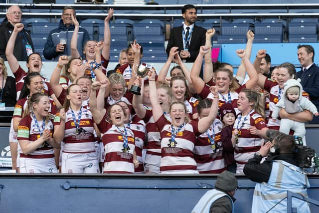 Watsonians lift the Sarah Beaney Cup on Silver Saturday at Murrayfield after beating Hillhead Jordanhill in the final.  (Photo by Paul Devlin / SNS Group)