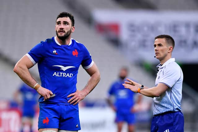 Referee Luke Pearce explained his decisions clearly to France captain Charles Ollivon and his Welsh counterpart Alun Wyn Jones. Picture: Aurelien Meunier/Getty Images