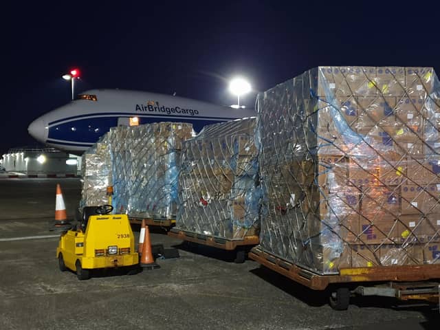 A charter flight carrying personal protective equipment (PPE) and NHS supplies arrives at Prestwick Airport from China (Picture: Scottish Government)