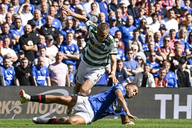 Celtic's Gustaf Lagerbielke and Rangers' Cyriel Dessers in action during Sunday's derby.