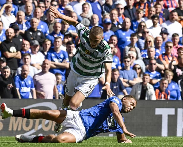 Celtic's Gustaf Lagerbielke and Rangers' Cyriel Dessers in action during Sunday's derby.