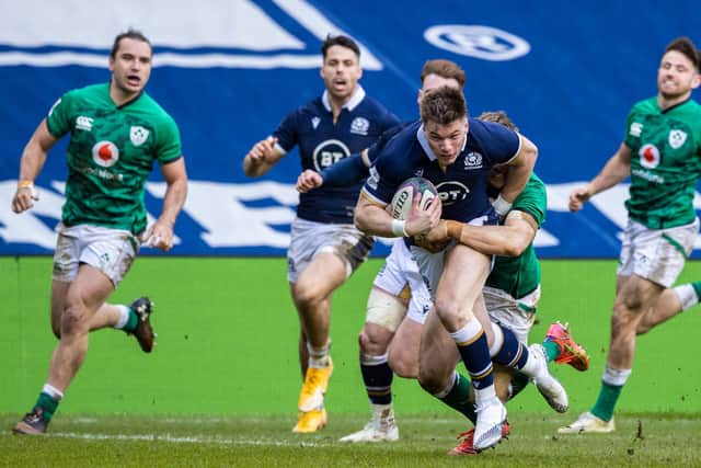 Scotland's Huw Jones drives through for a try during the Guinness Six Nations match between Scotland and Ireland at BT Murrayfield (Photo by Craig Williamson / SNS Group)