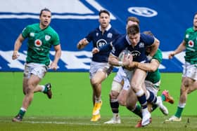 Scotland's Huw Jones drives through for a try during the Guinness Six Nations match between Scotland and Ireland at BT Murrayfield (Photo by Craig Williamson / SNS Group)