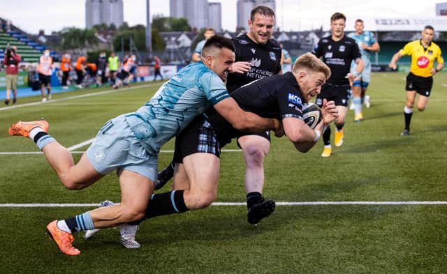 Glasgow Warriors' Kyle Steyn scores a try during the Rainbow Cup win against Leinster in June which was played at an empty Scotstoun Stadium. (Photo by Alan Harvey / SNS Group)