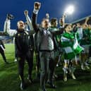 Celtic manager Brendan Rodgers celebrates at full time after clinching the 2023/24 Premiership title with a 5-0 win at Kilmarnock. (Photo by Craig Williamson / SNS Group)