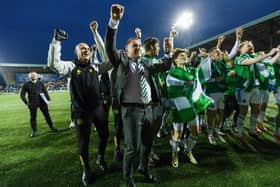 Celtic manager Brendan Rodgers celebrates at full time after clinching the 2023/24 Premiership title with a 5-0 win at Kilmarnock. (Photo by Craig Williamson / SNS Group)