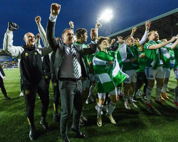 Celtic manager Brendan Rodgers celebrates at full time after clinching the 2023/24 Premiership title with a 5-0 win at Kilmarnock. (Photo by Craig Williamson / SNS Group)