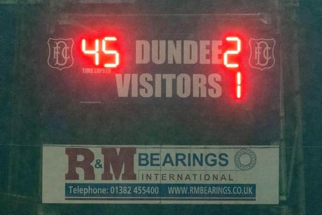 The scoreboard at full time during a Scottish Premiership play-off final first leg match between Dundee and Kilmarnock at the Kilmac Stadium at Dens Park, on May 20, 2021, in Dundee, Scotland. (Photo by Craig Foy / SNS Group)