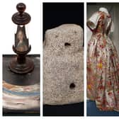 From left to right: A secret portrait of Bonnie Prince Charlie, a whalebone figurine from Orkney which dates from 2,400BC to 2,900BC; a silk dress made in London and worn to a ball of Jacobite supporters and a pair of duelling pistols that belonged to a merchant from Ullapool. PICS: West Highland Museum, Stromness Museum, Historylinks Museum Dornoch, Ullapool Museum.