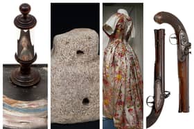 From left to right: A secret portrait of Bonnie Prince Charlie, a whalebone figurine from Orkney which dates from 2,400BC to 2,900BC; a silk dress made in London and worn to a ball of Jacobite supporters and a pair of duelling pistols that belonged to a merchant from Ullapool. PICS: West Highland Museum, Stromness Museum, Historylinks Museum Dornoch, Ullapool Museum.