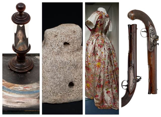 From left to right: A secret portrait of Bonnie Prince Charlie, a whalebone figurine from Orkney which dates from 2,400BC to 2,900BC; a silk dress made in London and worn to a ball of Jacobite supporters and a pair of duelling pistols that belonged to a merchant from Ullapool. PICS: West Highland Museum, Stromness Museum, Historylinks Museum Dornoch, Ullapool Museum.