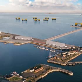 A CGI of Forth Ports' proposal for a high-capacity floating offshore wind integration facility at the Port of Burntisland in Fife.