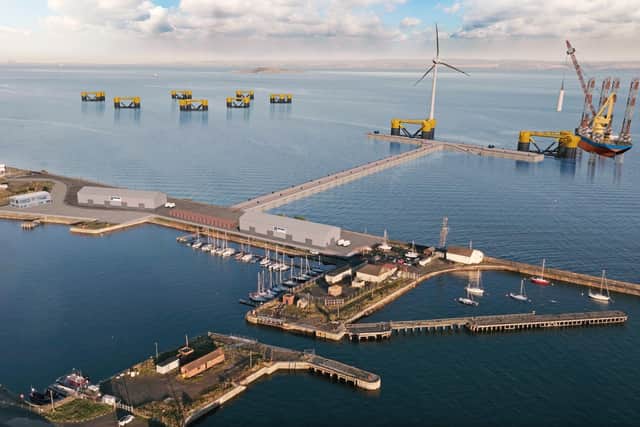 A CGI of Forth Ports' proposal for a high-capacity floating offshore wind integration facility at the Port of Burntisland in Fife.