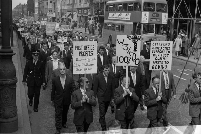 Striking postal workers on a protest march in Glasgow in July 1964.