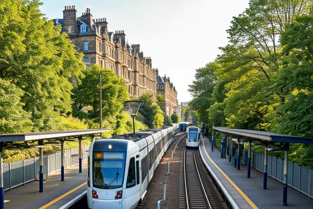 AI visualisation created as part of a Heriot-Watt University project of a tram-train at a re-opened station on the south suburban railway line