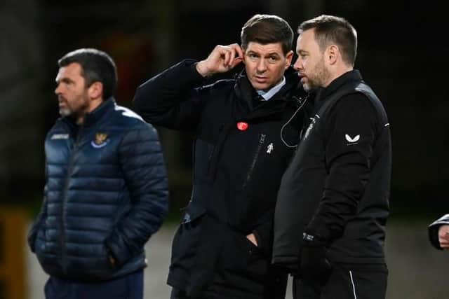 Rangers manager Steven Gerrard (left) with coach Michael Beale during a Scottish Premiership match between St Johnstone and Rangers at McDiarmid Park, on December 23, 2020, in Perth, Scotland. (Photo by Rob Casey / SNS Group)