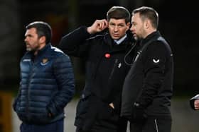 Rangers manager Steven Gerrard (left) with coach Michael Beale during a Scottish Premiership match between St Johnstone and Rangers at McDiarmid Park, on December 23, 2020, in Perth, Scotland. (Photo by Rob Casey / SNS Group)