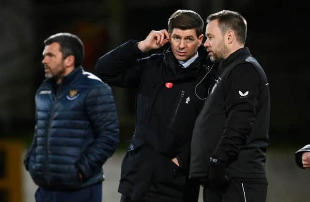 Rangers manager Steven Gerrard (left) with coach Michael Beale during a Scottish Premiership match between St Johnstone and Rangers at McDiarmid Park, on December 23, 2020, in Perth, Scotland. (Photo by Rob Casey / SNS Group)