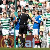 Alfredo Morelos protests his innocence after his goal is disallowed for a foul on Celtic's Alistair Johnston. (Photo by Alan Harvey / SNS Group)