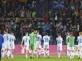 Scotland's players applaud to their fans at the end of the UEFA Nations League soccer match between Armenia and Scotland at the Vazgen Sargsyan stadium in Yerevan, Armenia, Tuesday, June 14, 2022. (AP Photo/Hakob Berberyan)