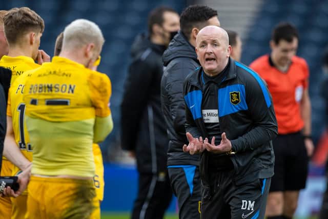 Livingston manager David Martindale tries to lift his players after the 1-0 defeat to St Johnstone in the Betfred Cup final. (Photo by Craig Williamson / SNS Group)