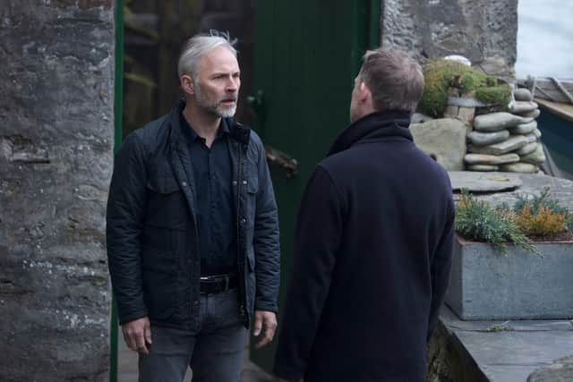 Mark Bonnar as Duncan Hunter and Douglas Henshall as DI Jimmy Perez in BBC Scotland's Shetland, 2018. Image: ITV/Shutterstock