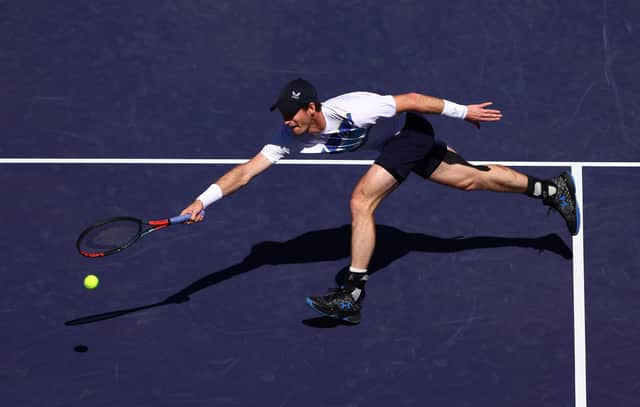 Andy Murray of Great Britain stretches to play a forehand volley against Taro Daniel of Japan.