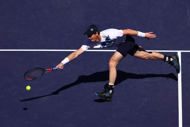 Andy Murray of Great Britain stretches to play a forehand volley against Taro Daniel of Japan.