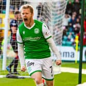 Daryl Horgan celebrates after scoring to make it 1-0 during the Ladbrokes Premiership match between Hibernian and Ross County at Easter Road on October 26, 2019. (Photo by Paul Devlin / SNS Group)