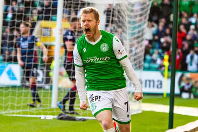 Daryl Horgan celebrates after scoring to make it 1-0 during the Ladbrokes Premiership match between Hibernian and Ross County at Easter Road on October 26, 2019. (Photo by Paul Devlin / SNS Group)