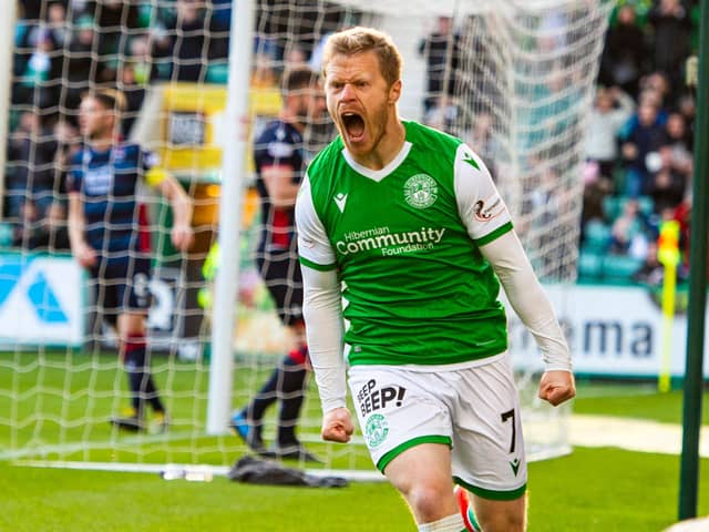 Daryl Horgan celebrates after scoring to make it 1-0 during the Ladbrokes Premiership match between Hibernian and Ross County at Easter Road on October 26, 2019. (Photo by Paul Devlin / SNS Group)